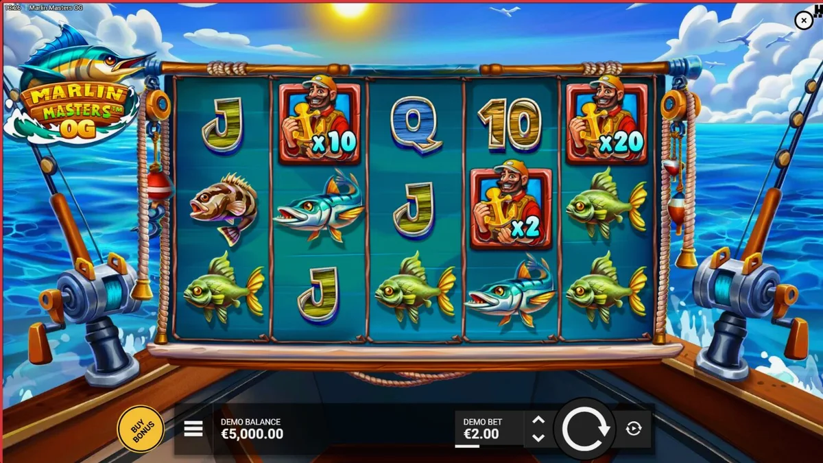 ภาพบรรยากาศเกมสล็อต Marlin Masters OG ที่มีธีมการตกปลาและท้องทะเลสดใส